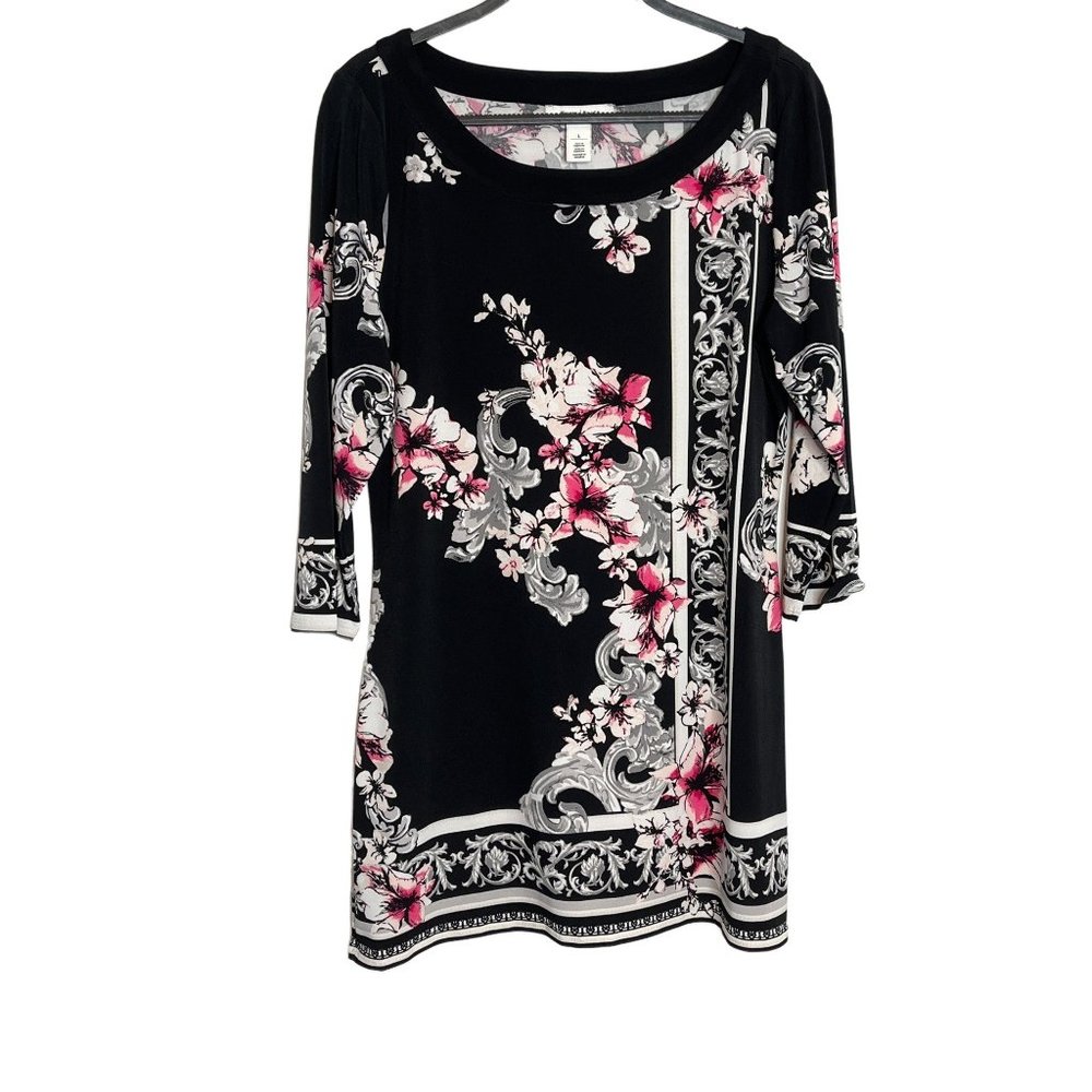 White House Black Market Womens Dress 3/4 Sleeve Black Floral Stretch Size Large